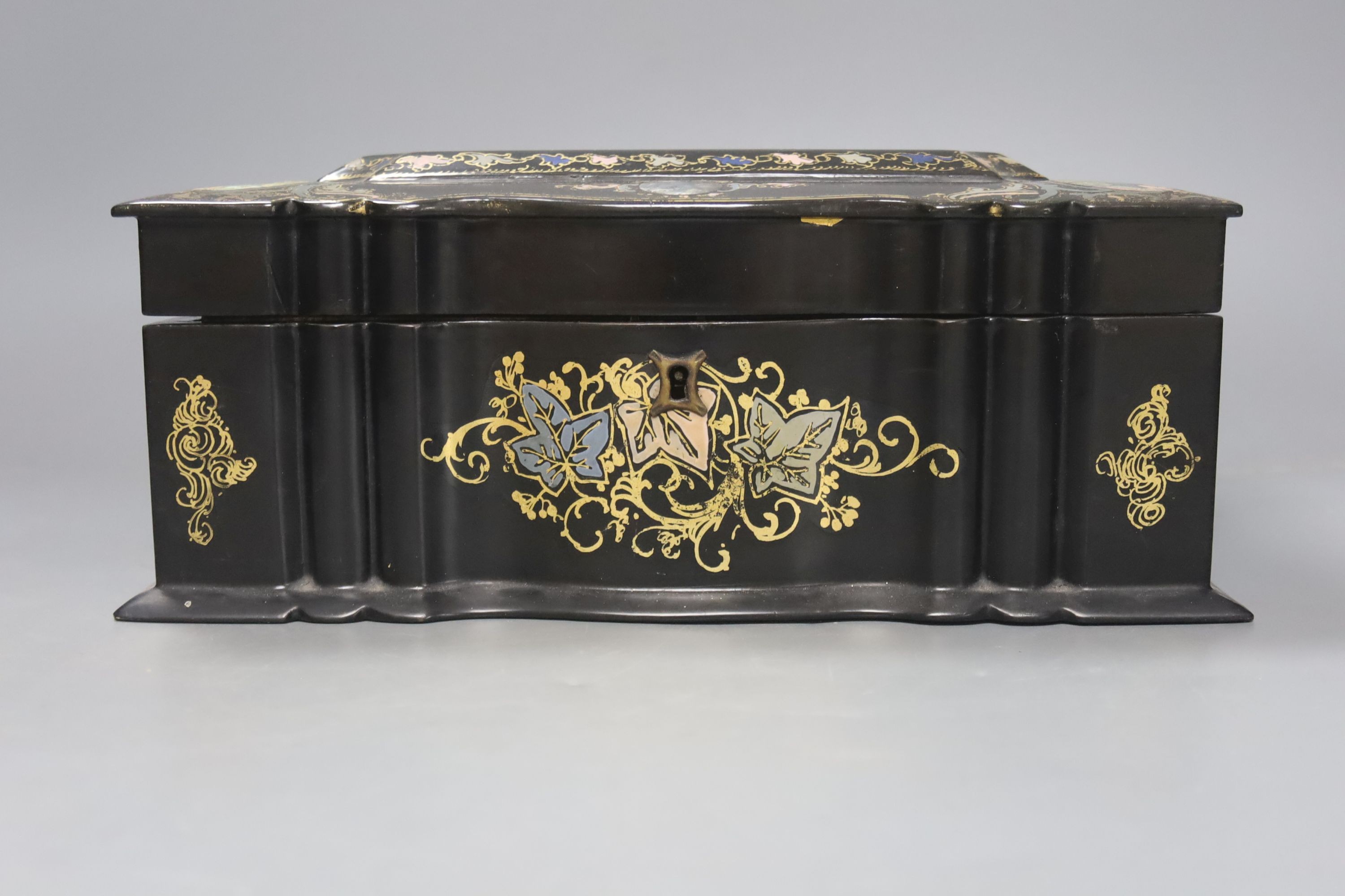 A 19th century mother of pearl inlay black lacquer papier mache needlework box, width 26cm height 11.5cm